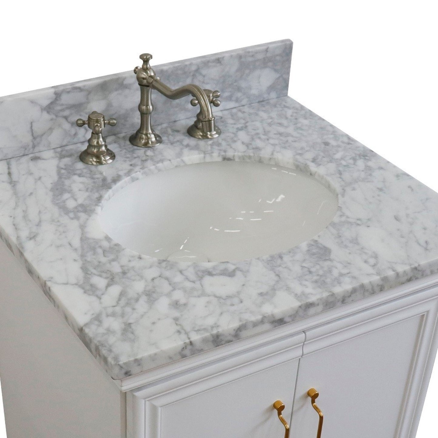 25" Single vanity in White finish with White Carrara and oval sink