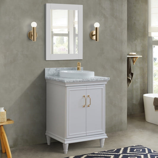 25" Single vanity in White finish with White Carrara and round sink