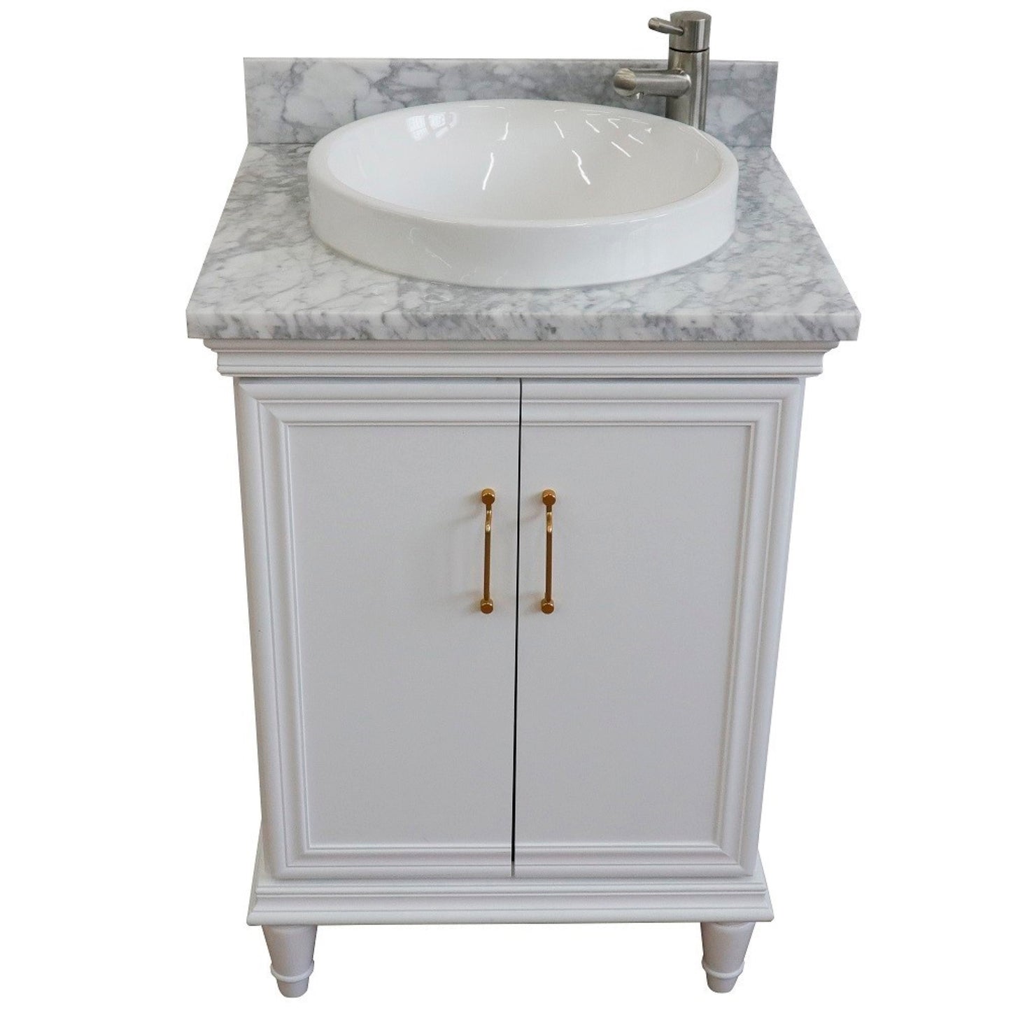 25" Single vanity in White finish with White Carrara and round sink