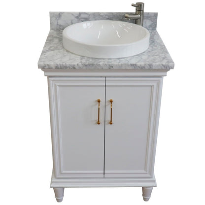 25" Single vanity in White finish with White Carrara and round sink