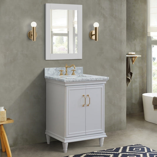 25" Single vanity in White finish with White Carrara and rectangle sink