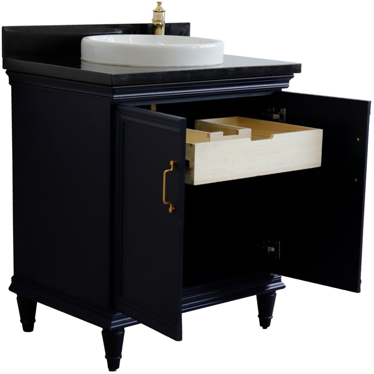 31" Single vanity in Blue finish with Black galaxy and round sink