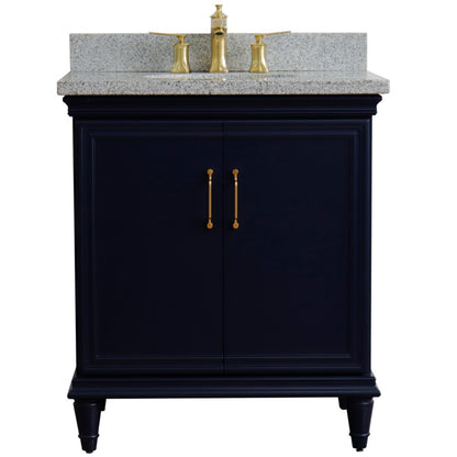 31" Single vanity in Blue finish with Gray granite and oval sink