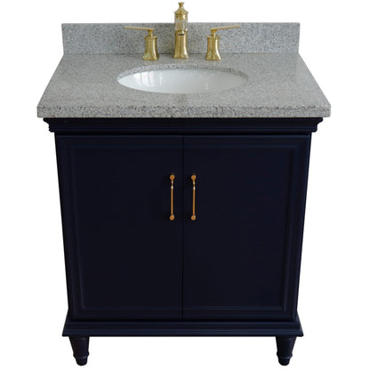 31" Single vanity in Blue finish with Gray granite and oval sink