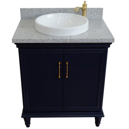 31" Single vanity in Blue finish with Gray granite and round sink