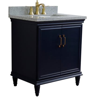 31" Single vanity in Blue finish with Gray granite and rectangle sink
