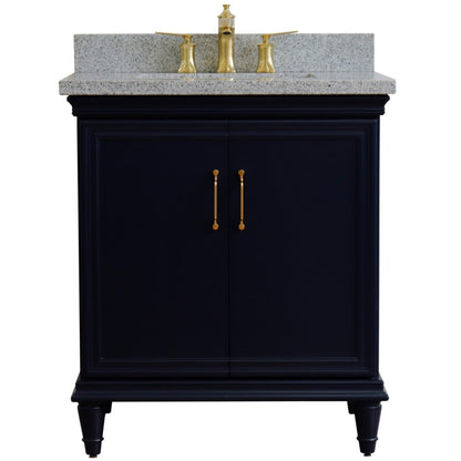 31" Single vanity in Blue finish with Gray granite and rectangle sink