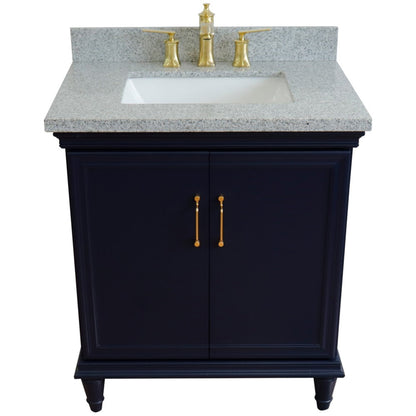 31" Single vanity in Blue finish with Gray granite and rectangle sink