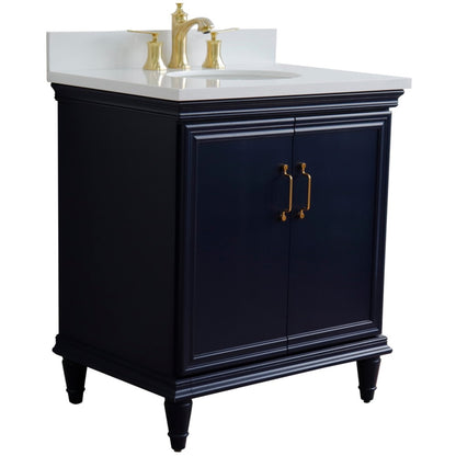 31" Single vanity in Blue finish with White engineered stone and oval sink