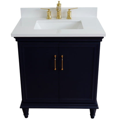 31" Single vanity in Blue finish with White engineered stone and rectangle sink