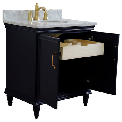 31" Single vanity in Blue finish with White Carrara and oval sink