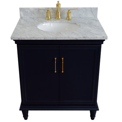 31" Single vanity in Blue finish with White Carrara and oval sink