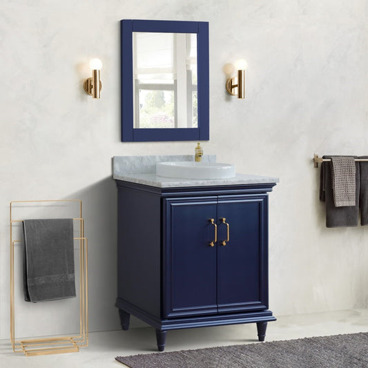 31" Single vanity in Blue finish with White Carrara and round sink