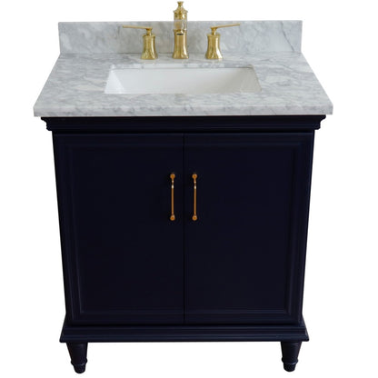 31" Single vanity in Blue finish with White Carrara and rectangle sink