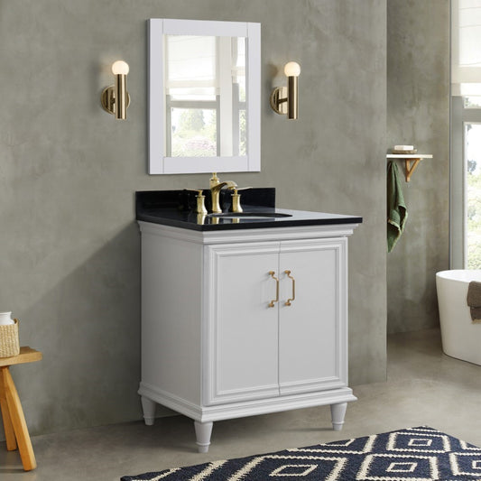 31" Single vanity in White finish with Black galaxy and oval sink