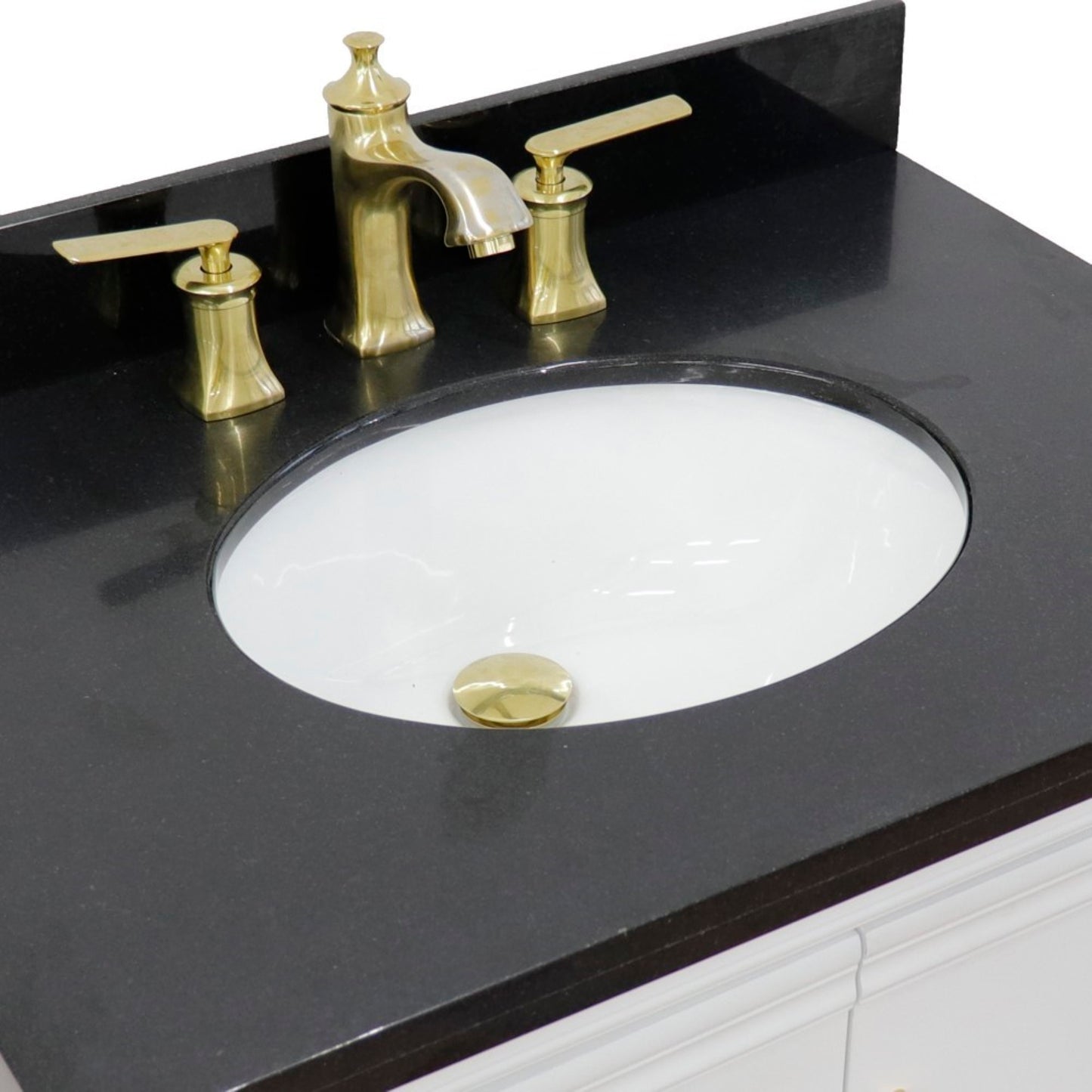 31" Single vanity in White finish with Black galaxy and oval sink