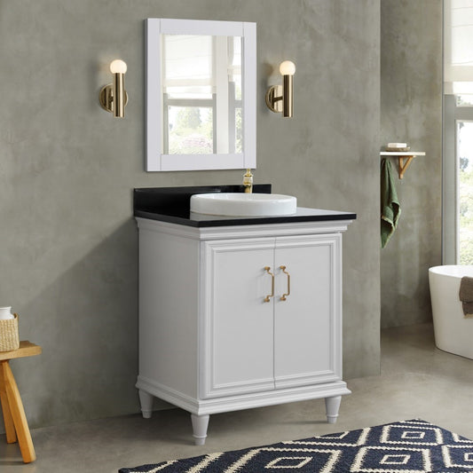 31" Single vanity in White finish with Black galaxy and round sink
