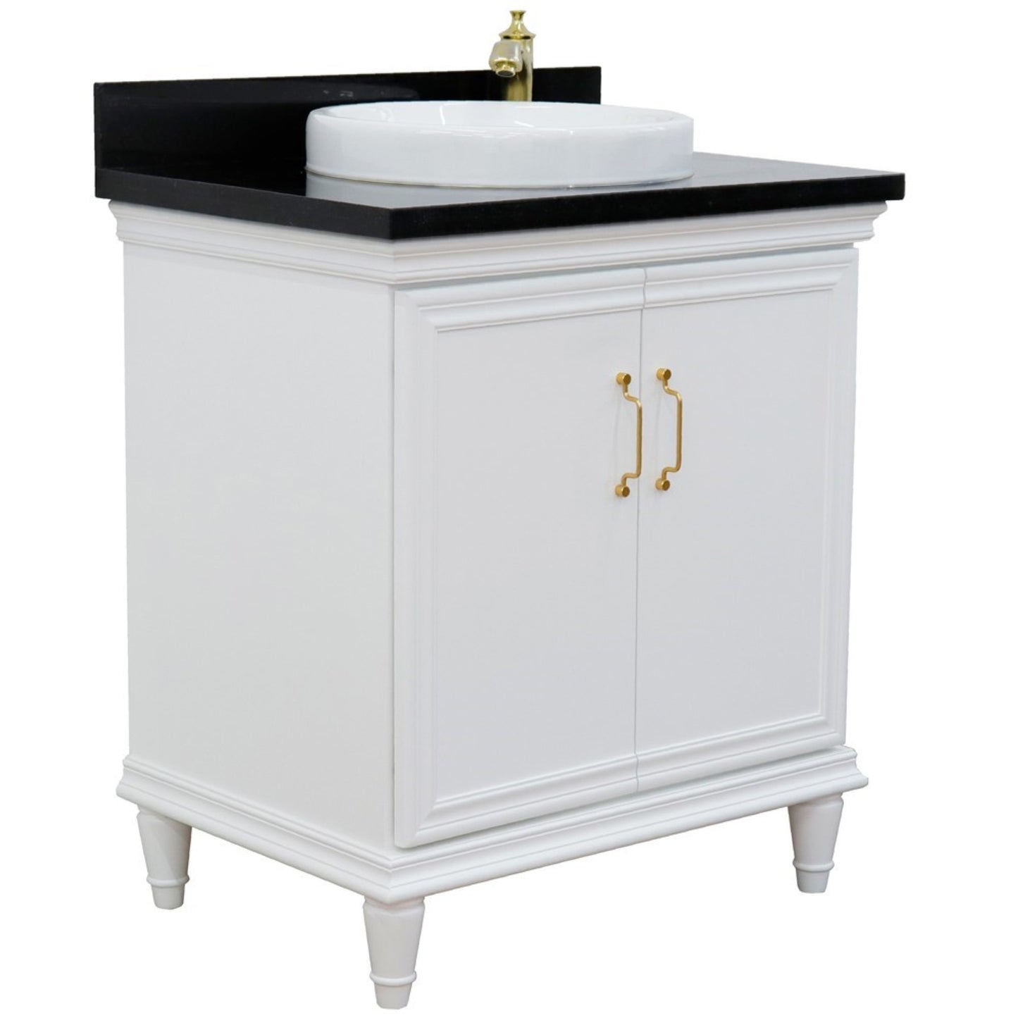 31" Single vanity in White finish with Black galaxy and round sink
