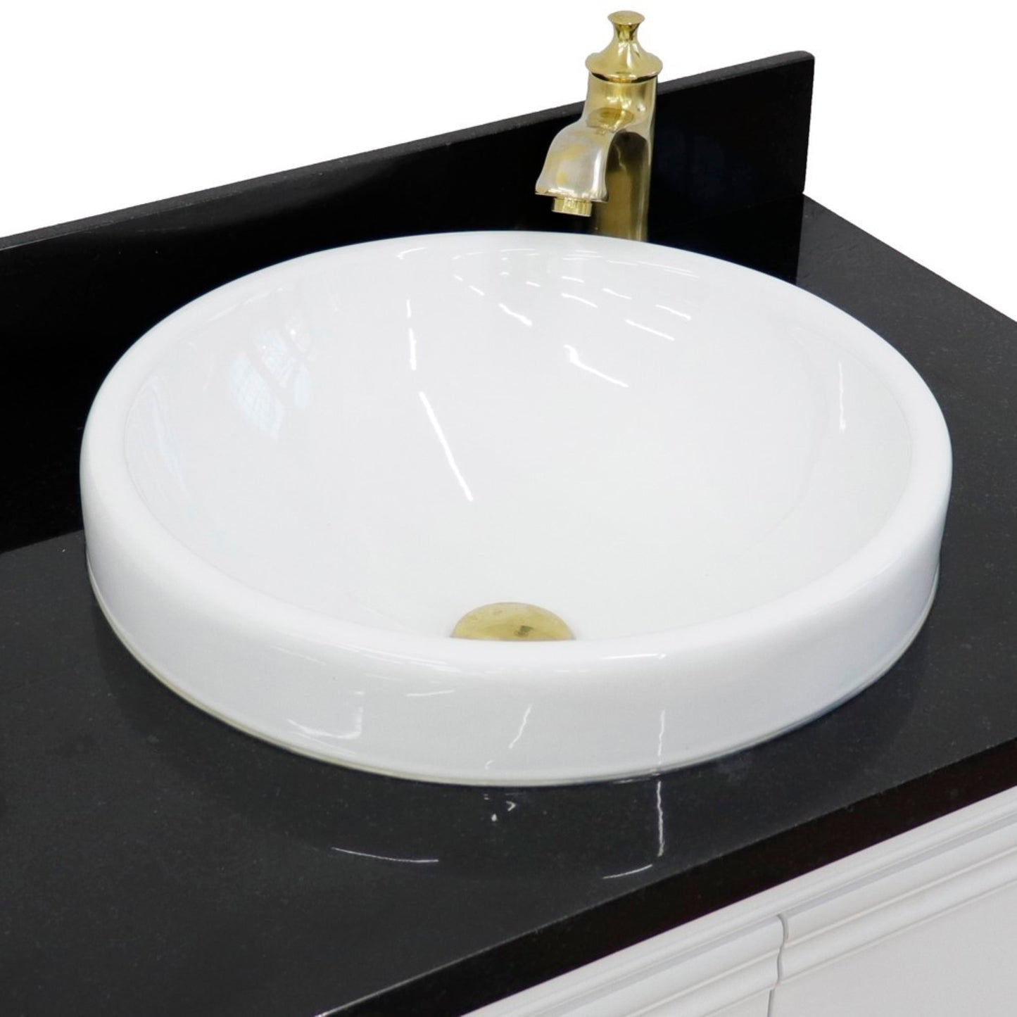 31" Single vanity in White finish with Black galaxy and round sink