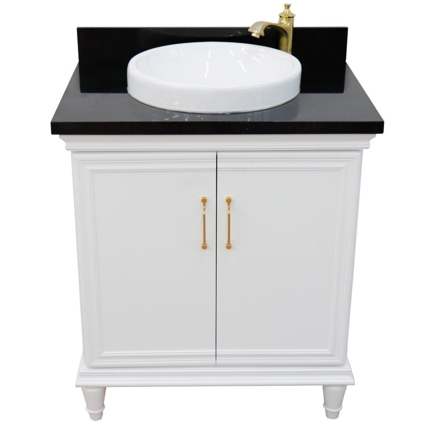 31" Single vanity in White finish with Black galaxy and round sink