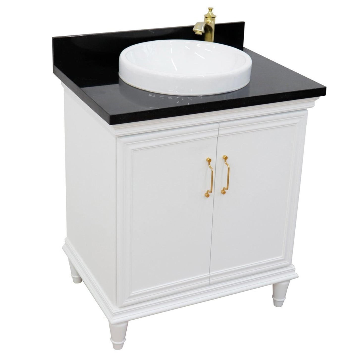 31" Single vanity in White finish with Black galaxy and round sink