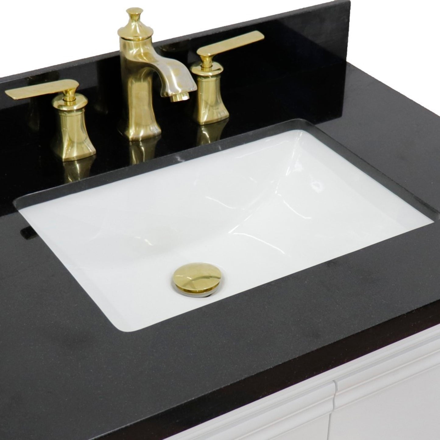 31" Single vanity in White finish with Black galaxy and rectangle sink