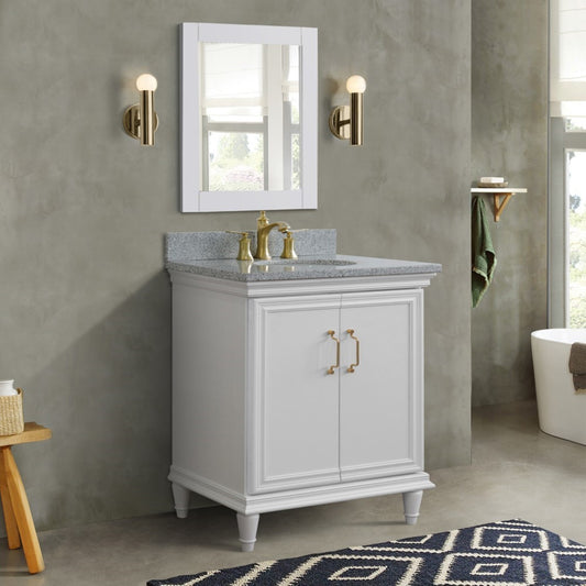 31" Single vanity in White finish with Gray granite and oval sink