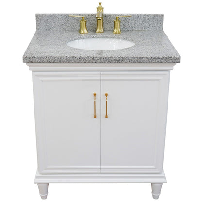 31" Single vanity in White finish with Gray granite and oval sink