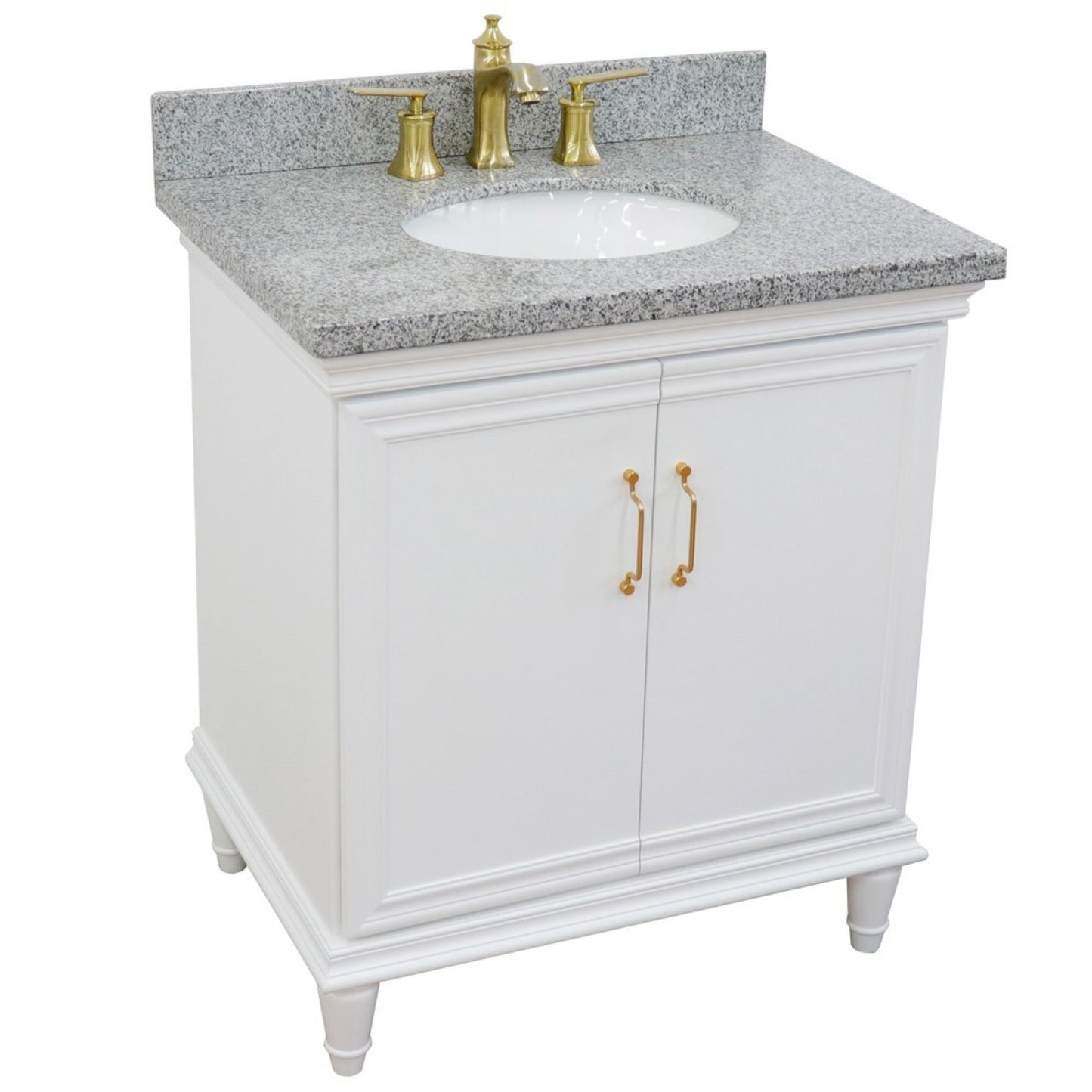 31" Single vanity in White finish with Gray granite and oval sink