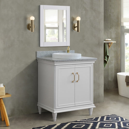 31" Single vanity in White finish with Gray granite and round sink