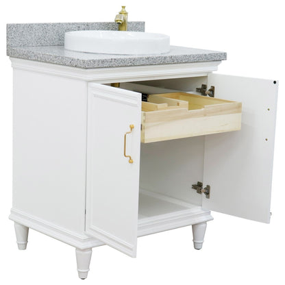 31" Single vanity in White finish with Gray granite and round sink