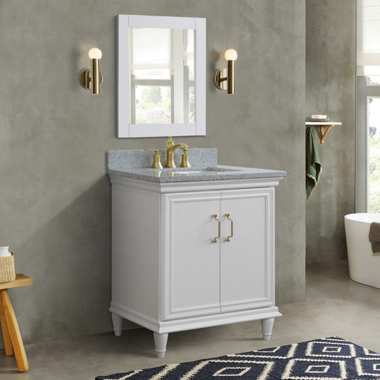 31" Single vanity in White finish with Gray granite and rectangle sink