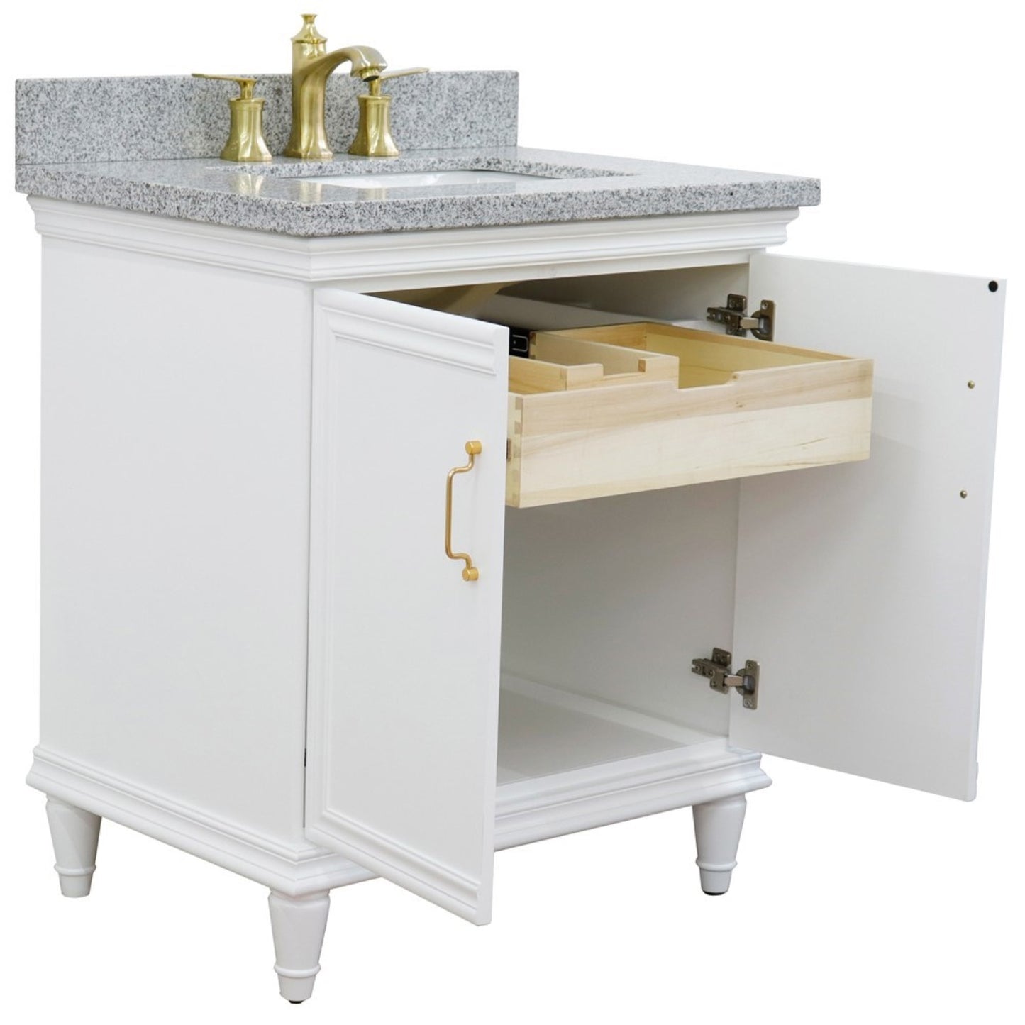 31" Single vanity in White finish with Gray granite and rectangle sink
