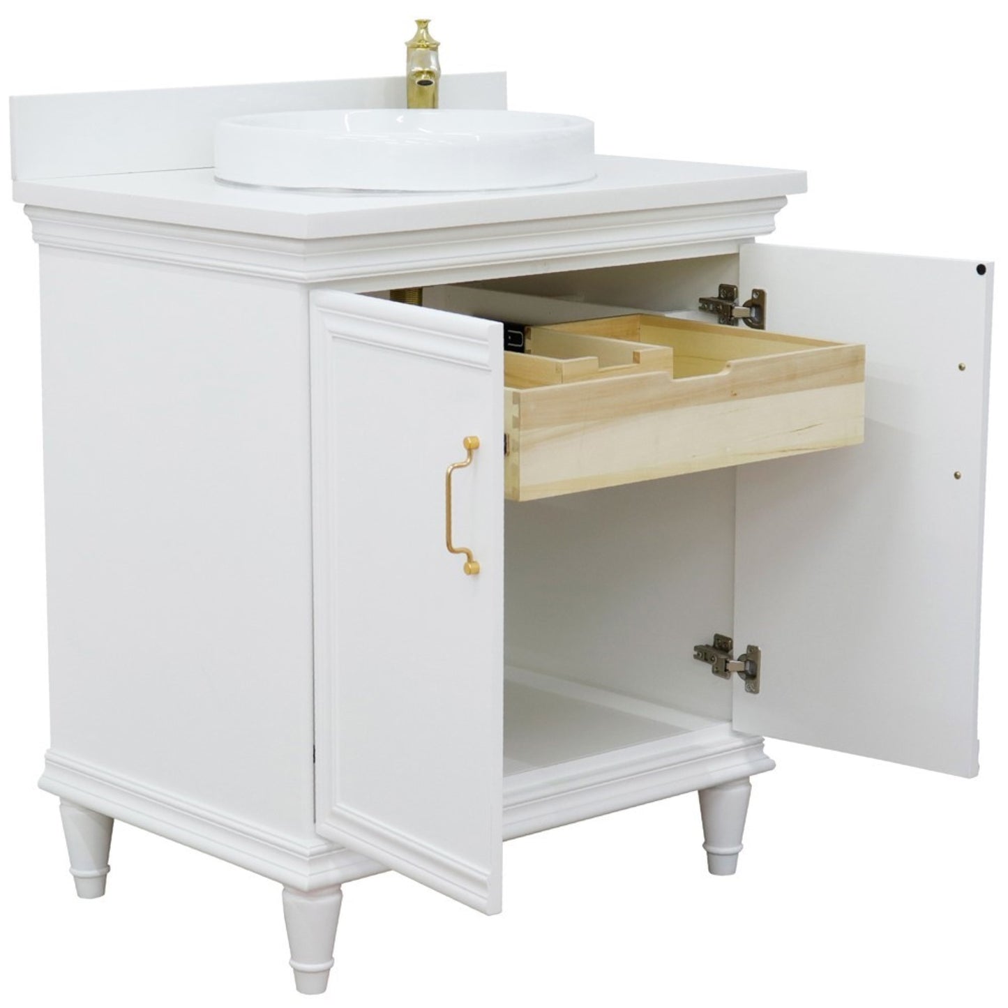 31" Single vanity in White finish with White engineered stone and round sink