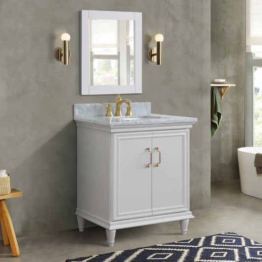 31" Single vanity in White finish with White Carrara and rectangle sink