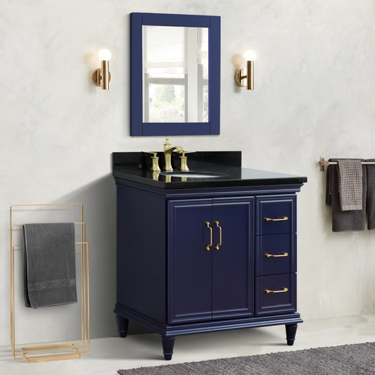 37" Single vanity in Blue finish with Black galaxy and oval sink Left door/Left sink