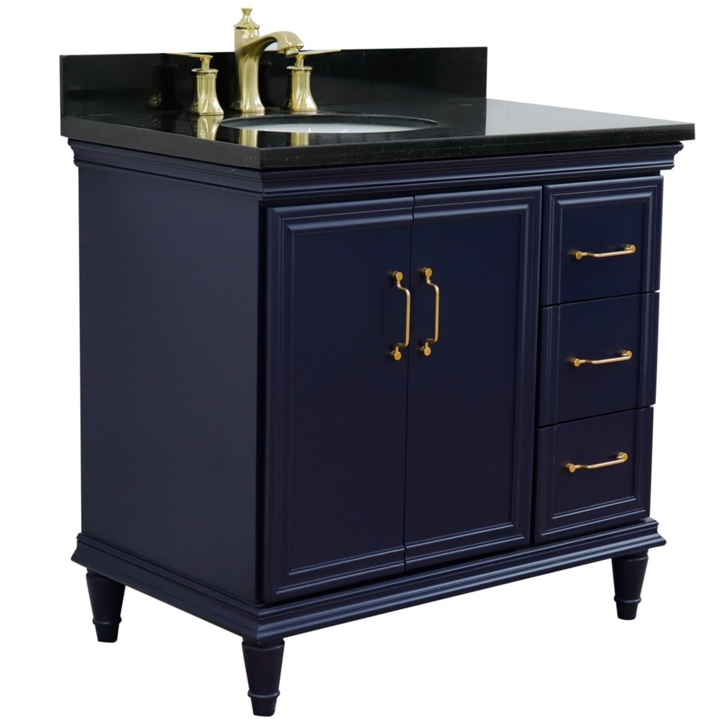 37" Single vanity in Blue finish with Black galaxy and oval sink Left door/Left sink