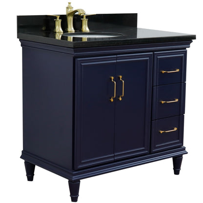 37" Single vanity in Blue finish with Black galaxy and oval sink Left door/Left sink