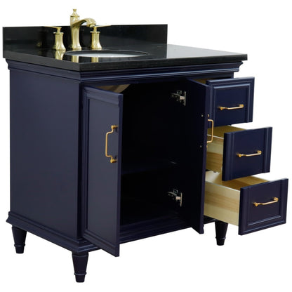 37" Single vanity in Blue finish with Black galaxy and oval sink Left door/Left sink