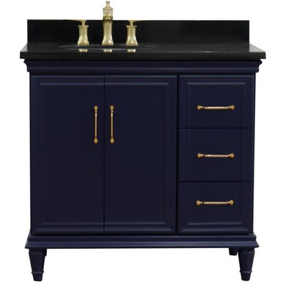 37" Single vanity in Blue finish with Black galaxy and oval sink Left door/Left sink