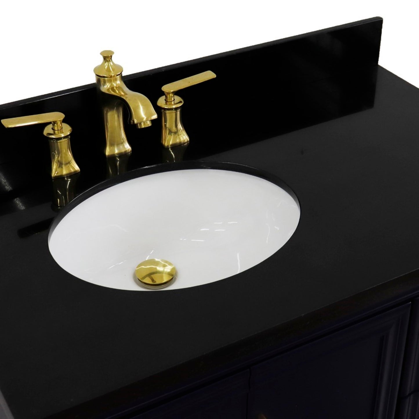 37" Single vanity in Blue finish with Black galaxy and oval sink Left door/Left sink