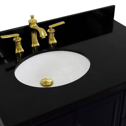 37" Single vanity in Blue finish with Black galaxy and oval sink Left door/Left sink