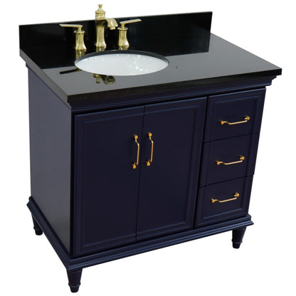 37" Single vanity in Blue finish with Black galaxy and oval sink Left door/Left sink