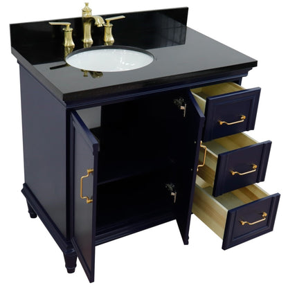37" Single vanity in Blue finish with Black galaxy and oval sink Left door/Left sink