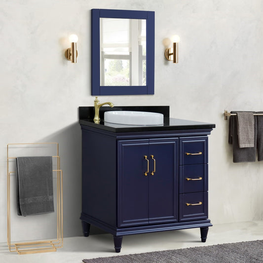 37" Single vanity in Blue finish with Black galaxy and round sink Left door/Left sink