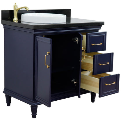 37" Single vanity in Blue finish with Black galaxy and round sink Left door/Left sink