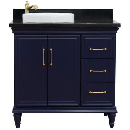 37" Single vanity in Blue finish with Black galaxy and round sink Left door/Left sink