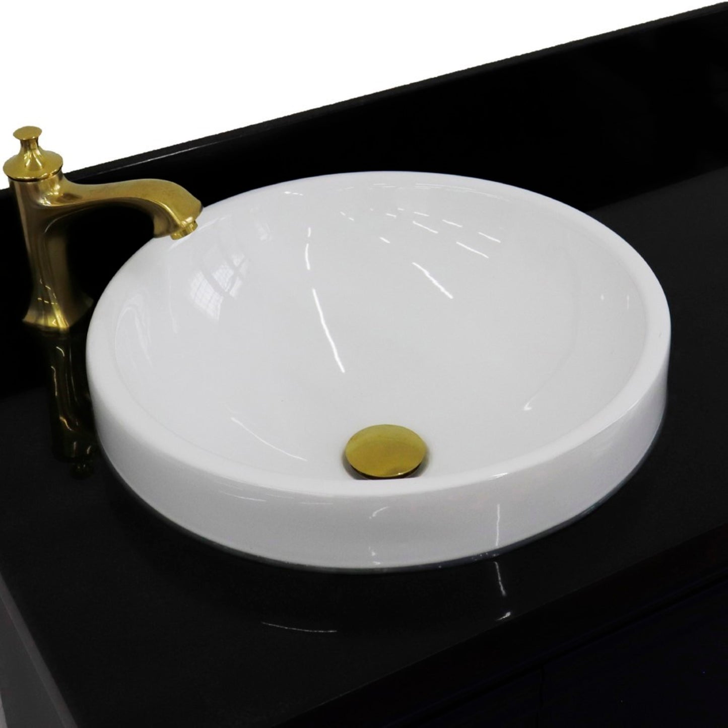 37" Single vanity in Blue finish with Black galaxy and round sink Left door/Left sink