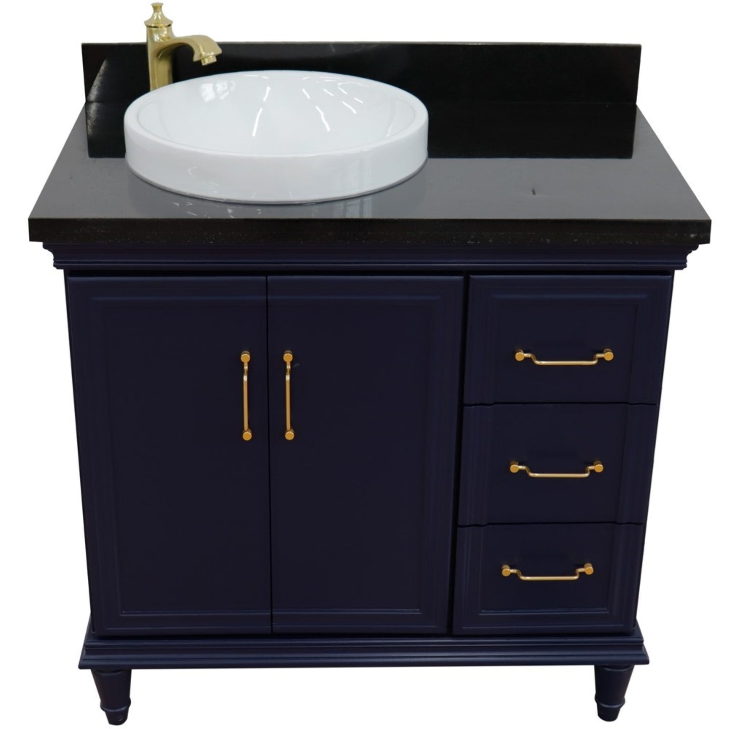 37" Single vanity in Blue finish with Black galaxy and round sink Left door/Left sink