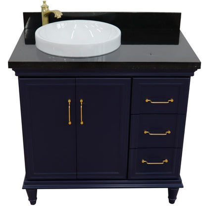 37" Single vanity in Blue finish with Black galaxy and round sink Left door/Left sink